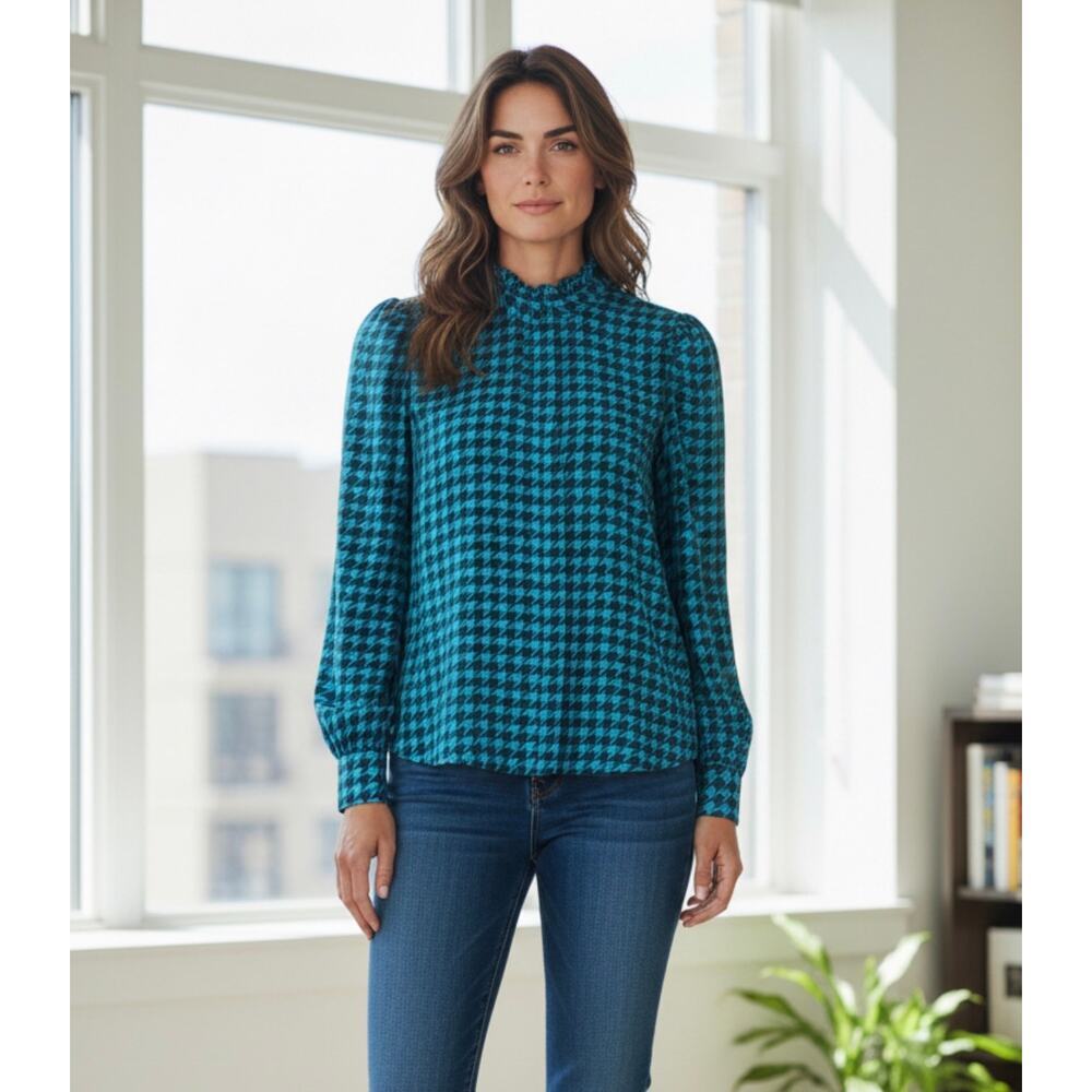 Ann Taylor NWT Petite Houndstooth Blouse XXSP Blue Green Mock Neck